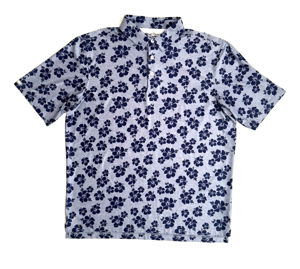 Straight Down Performance Golf Polo XL Blue Floral Hibiscus Aloha Santa Ana CC